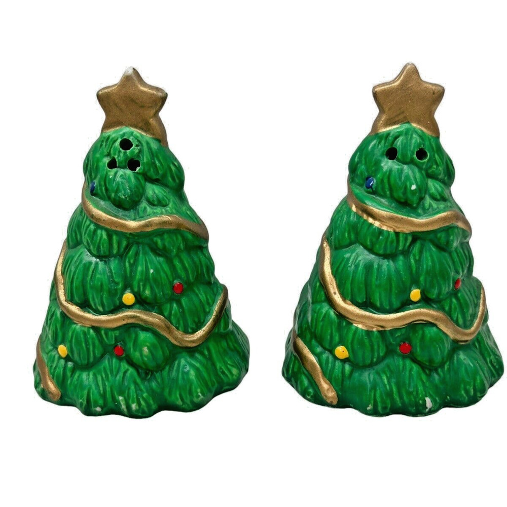 Christmas Tree Salt & Pepper Shaker Set Green With Gold Holiday Star 3.5 Inch